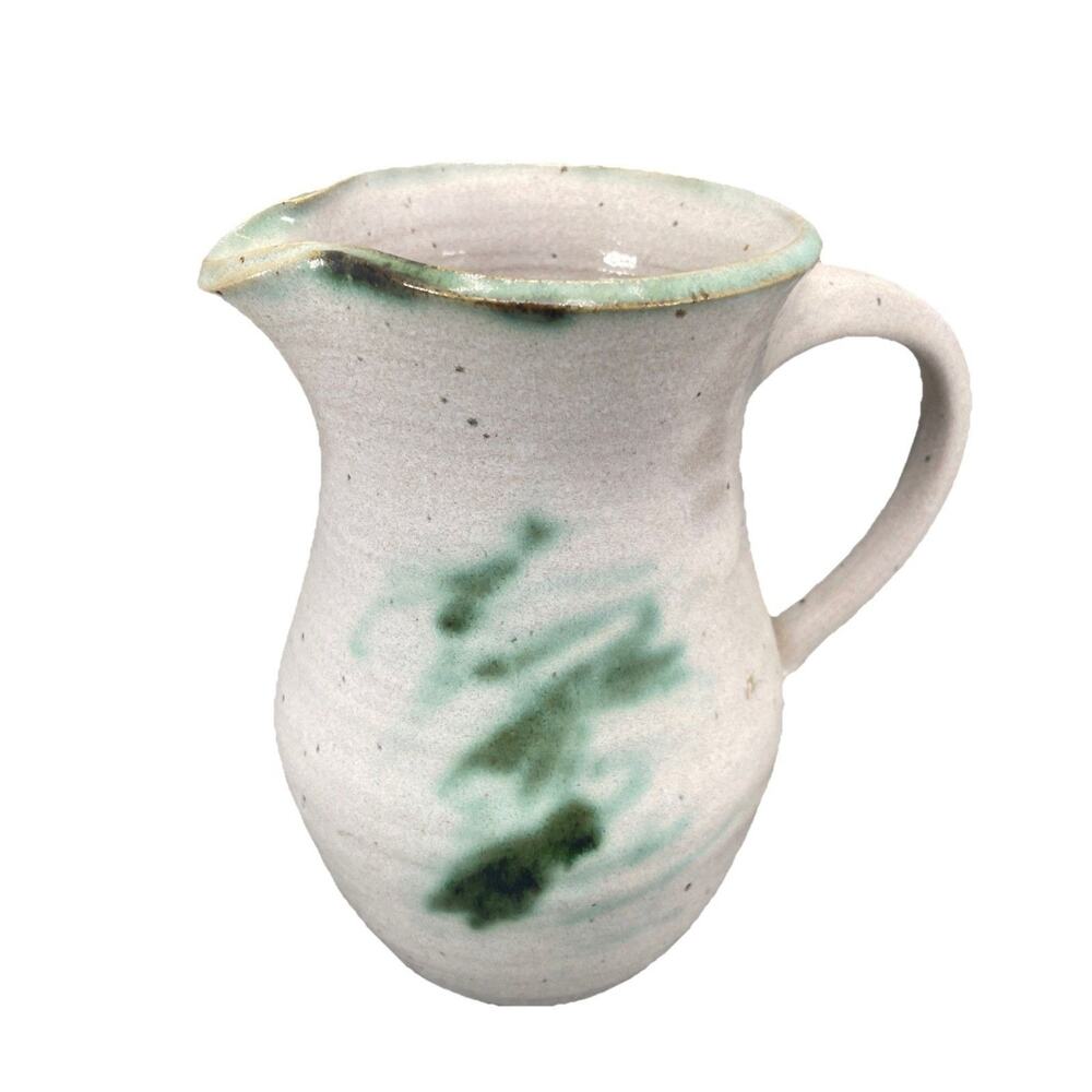 Studio Art Pottery Stoneware Pitcher Green White Teal Glaze Signed 6.25 in tall